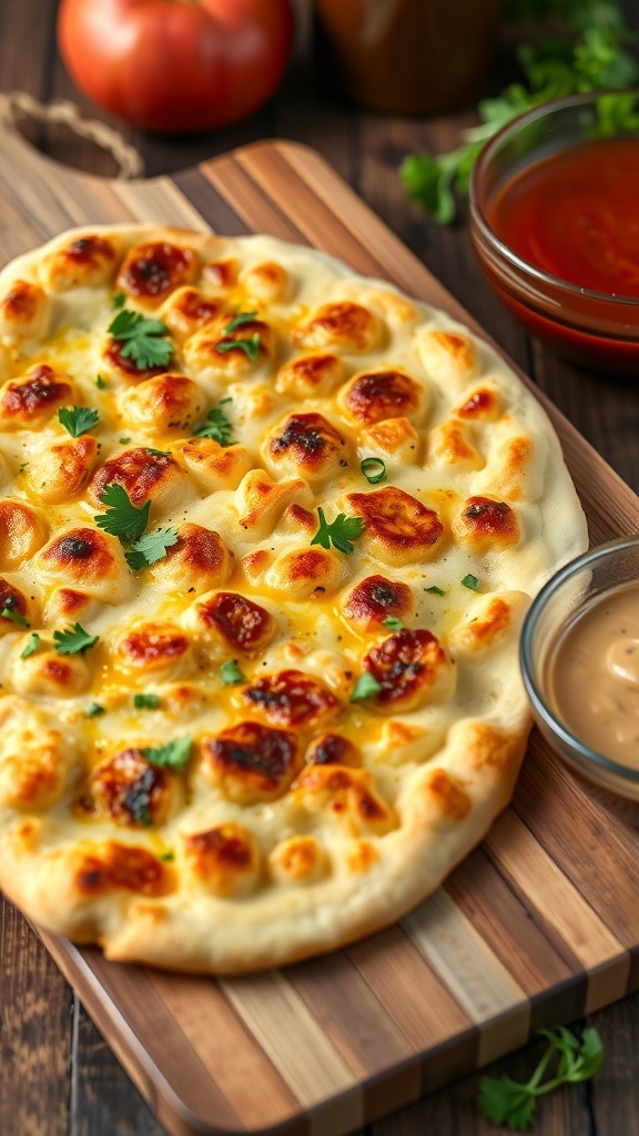 Two golden carnivore flatbreads on a wooden board, garnished with herbs, with a bowl of sauce in the background.